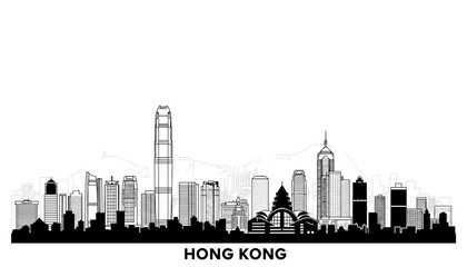 A detailed black and white illustration of the Hong Kong skyline, showcasing its iconic skyscrapers and urban landscape.