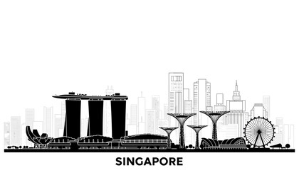 A black and white silhouette of the Singapore skyline, featuring iconic landmarks like Marina Bay Sands and Gardens by the Bay.