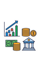 Financial symbols illustration graphs money coins and bank icon on white