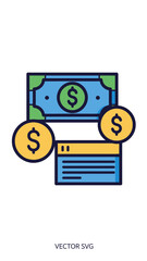 Finance and banking icon depicting money bill coins and credit card illustration
