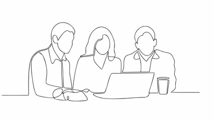 Business team collaborating on laptop in modern workspace