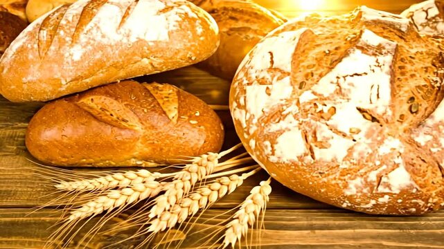 A rustic wooden table is adorned with various types of freshly baked bread and wheat stalks
