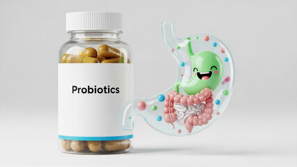 Probiotics bottle with happy digestive system - Gut health, microbiome care - Gut Health Concept