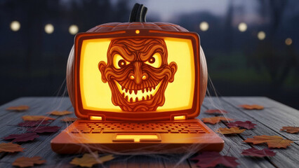 Pumpkin carved like laptop screen - Tech Halloween, modern holiday - Tech Holiday Concept