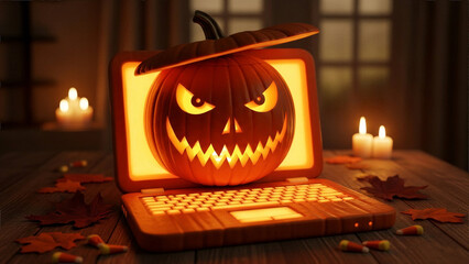 Pumpkin carved like laptop screen - Tech Halloween, modern holiday - Tech Holiday Concept