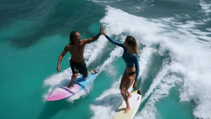 Dynamic Surfing Scene with Two Surfers Performing High-Flying Tricks on Ocean Waves