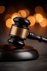 Wooden gavel on sound block representing justice and law