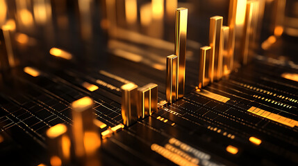 Ultra-realistic golden finance background with stock market graphs, money, gold bars, candlestick charts, luxury infographic design.