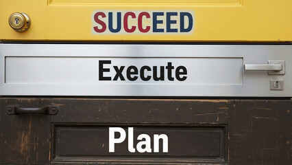Three doors labeled Plan Execute Succeed - Business process, success pathway - Business Process Concept