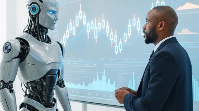 Strategic bargaining session between human and AI robot in marketplace.
