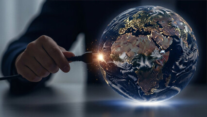 Unplugging cable turns off world lights - Global connectivity, dependency - Global Connectivity Concept