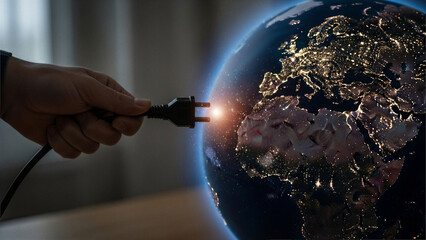 Unplugging cable turns off world lights - Global connectivity, dependency - Global Connectivity Concept