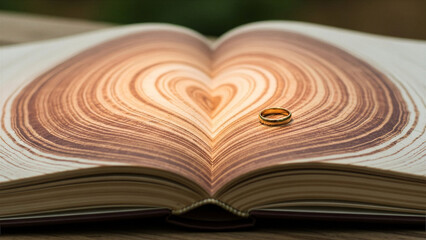 Wedding ring on book with tree ring pages - Marriage story, growing love - Marriage Concept