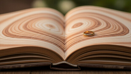 Wedding ring on book with tree ring pages - Marriage story, growing love - Marriage Concept