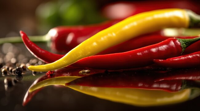 Close-up of vibrant chili peppers with reflection