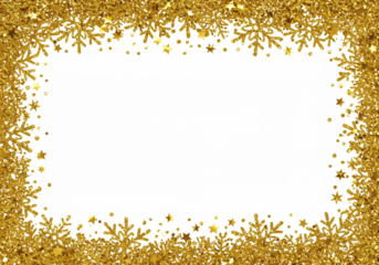 Macro close-up of a symmetrical gold glitter border of delicate snowflakes and small stars, highly detailed and reflective against a transparent background with copy space, luxurious christmas