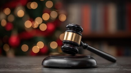 Wooden gavel with gold accent on a stand, on a blurred holiday lights background.