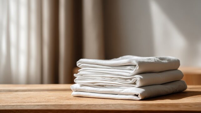 Stack of clean white bed sheets on a wooden table under natural daylight