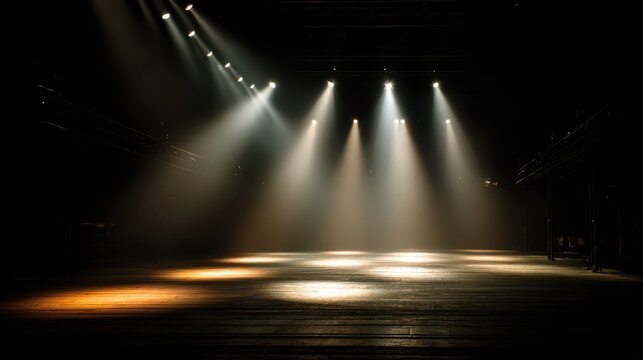 Spotlight beams slice through a silent, empty theater stage