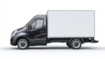Studio-style shot of a lightweight commercial van with a black cab and white cargo box, side silhouette