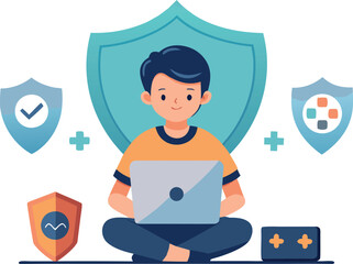 Young gamer safely playing an online video game with privacy settings enabled for a secure gaming experience illustration