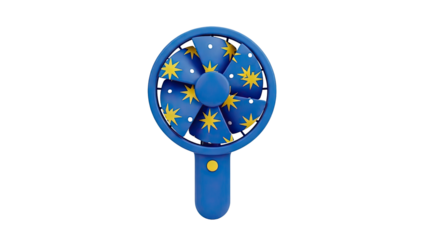 3D Blue handheld fan with yellow stars on transparent background