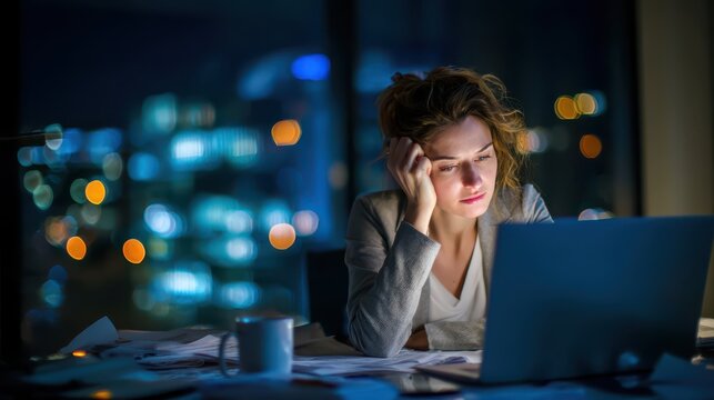 Tired businessperson working late at a dim office with a glowing laptop and looming deadline