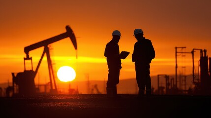 Two silhouetted oilfield workers discussing a business plan beside a pumpjack at sunset