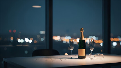 Champagne bottle with glasses on a table near a window overlooking city lights at night.