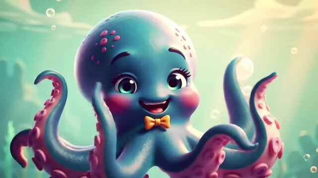 Cute octopus with a bow tie smiles underwater, surrounded by bubbles, for children's books
