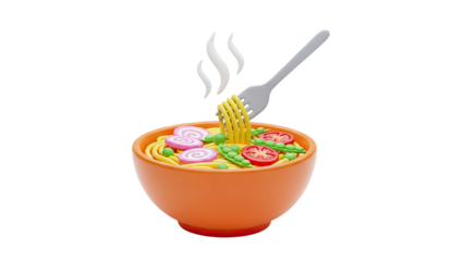 3D Cartoon Bowl of Noodles with Fork and Steaming on transparent background