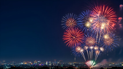 Vibrant fireworks lighting up the night sky above a city during a festive celebration.