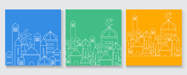 Ramadan Kareem background in line art style. Modern linear Islamic greeting card template. Eid Al-Fitr Mubarak greeting cards, poster, banner, cover with copy space, Collection Arabic geometric shape.