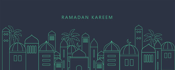 Ramadan Kareem background in line art style. Modern linear Islamic greeting card template. Eid Al-Fitr Mubarak greeting cards, poster, banner, cover with copy space, Collection Arabic geometric shape.
