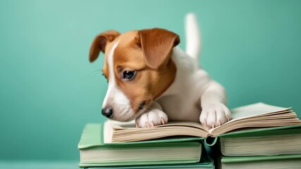 Cute puppy reading a book with vibrant background, perfect for pet lovers and education themes
