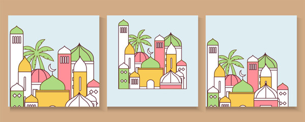 Ramadan Kareem background in line art style. Modern linear Islamic greeting card template. Eid Al-Fitr Mubarak greeting cards, poster, banner, cover with copy space, Collection Arabic geometric shape.