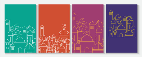 Ramadan Kareem background in line art style. Modern linear Islamic greeting card template. Eid Al-Fitr Mubarak greeting cards, poster, banner, cover with copy space, Collection Arabic geometric shape.