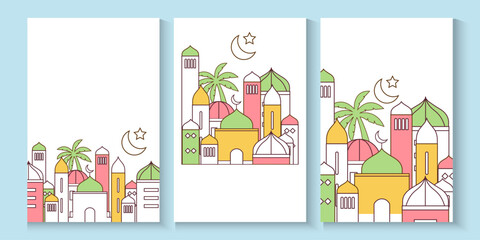 Ramadan Kareem background in line art style. Modern linear Islamic greeting card template. Eid Al-Fitr Mubarak greeting cards, poster, banner, cover with copy space, Collection Arabic geometric shape.