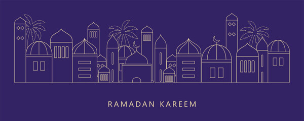 Ramadan Kareem background in line art style. Modern linear Islamic greeting card template. Eid Al-Fitr Mubarak greeting cards, poster, banner, cover with copy space, Collection Arabic geometric shape.