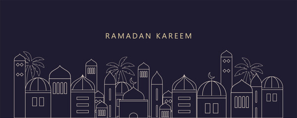 Ramadan Kareem background in line art style. Modern linear Islamic greeting card template. Eid Al-Fitr Mubarak greeting cards, poster, banner, cover with copy space, Collection Arabic geometric shape.