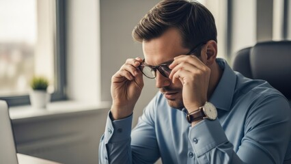 A focused man with glasses at a desk, looking intently at a screen
