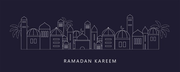 Ramadan Kareem background in line art style. Modern linear Islamic greeting card template. Eid Al-Fitr Mubarak greeting cards, poster, banner, cover with copy space, Collection Arabic geometric shape.