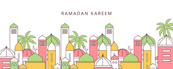 Ramadan Kareem background in line art style. Modern linear Islamic greeting card template. Eid Al-Fitr Mubarak greeting cards, poster, banner, cover with copy space, Collection Arabic geometric shape.