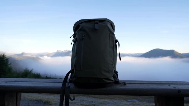 Silent Morning Ambience Featuring Backpack And Mountain Horizon With Mist And Tranquil Mood
