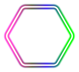 A vibrant neon hexagon frame isolated on a dark black background