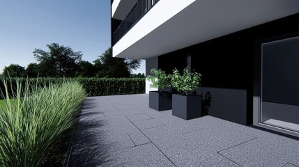Modern Patio with Black Planters and Greenery