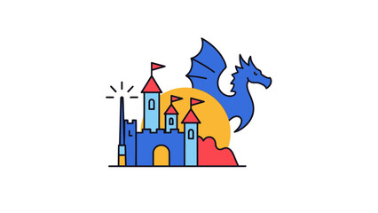 Fantasy castle and dragon illustration decorative icon against white background