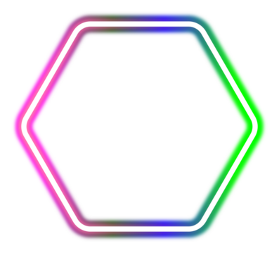 A vibrant neon hexagon frame isolated on a dark black background - Powered by Adobe