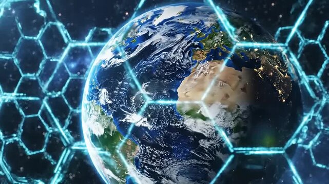 Earth protected by a glowing hexagonal shield in space, symbolizing global security and digital defense.