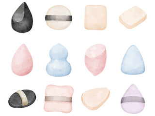 水彩画風の色々な形のファンデーションパフのセット